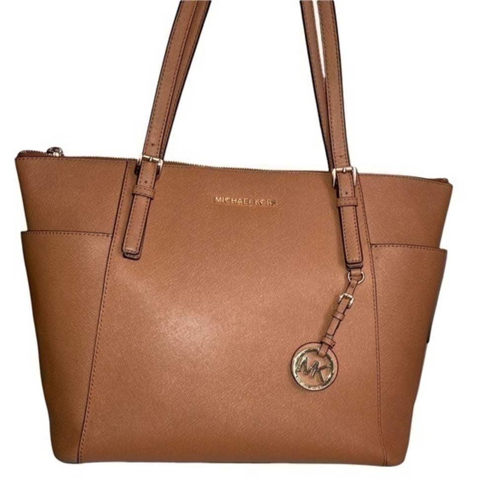 Michael kors light brown tan saffiano leather tote bag with zipper